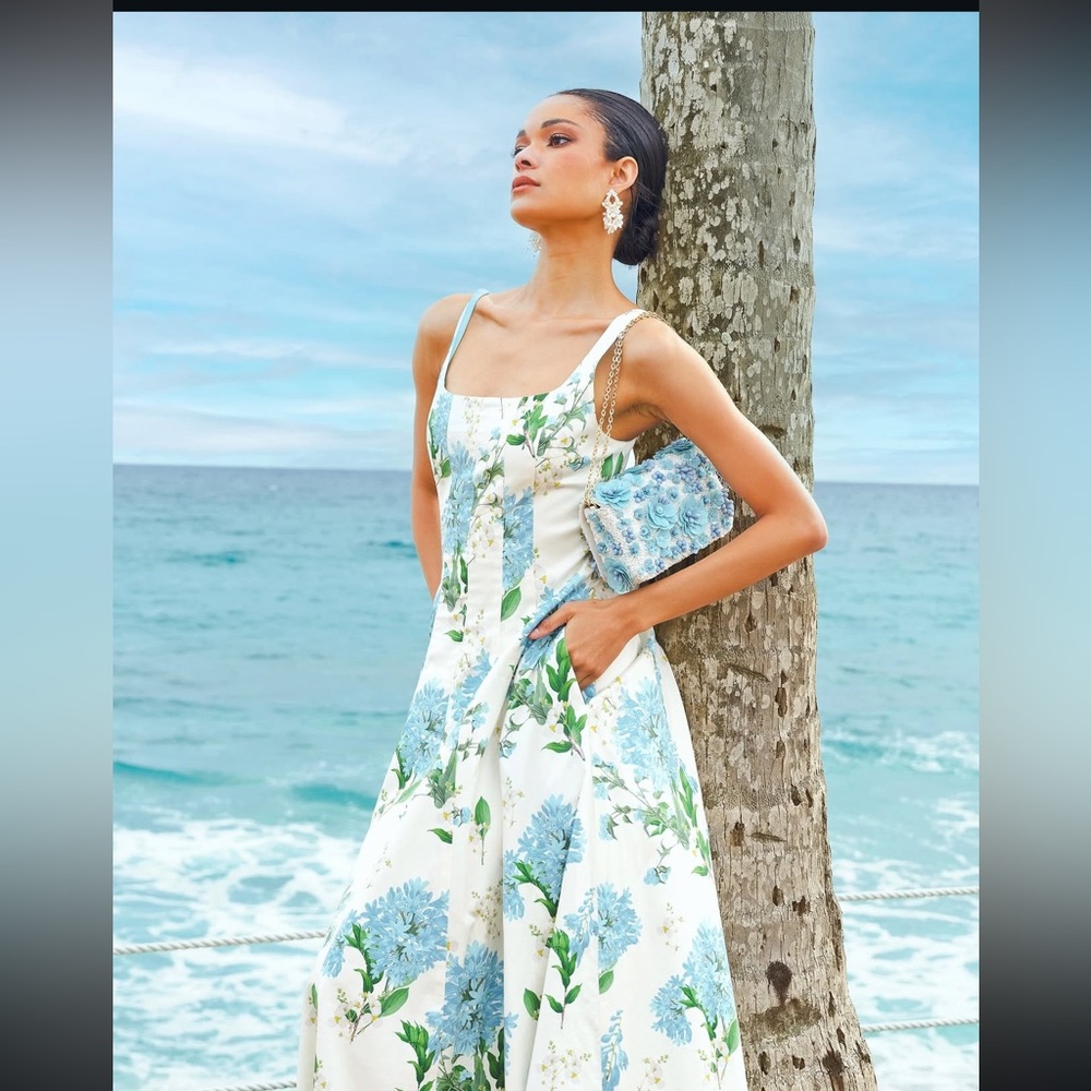 Floral Blue & White Midi Dress with Spaghetti Straps